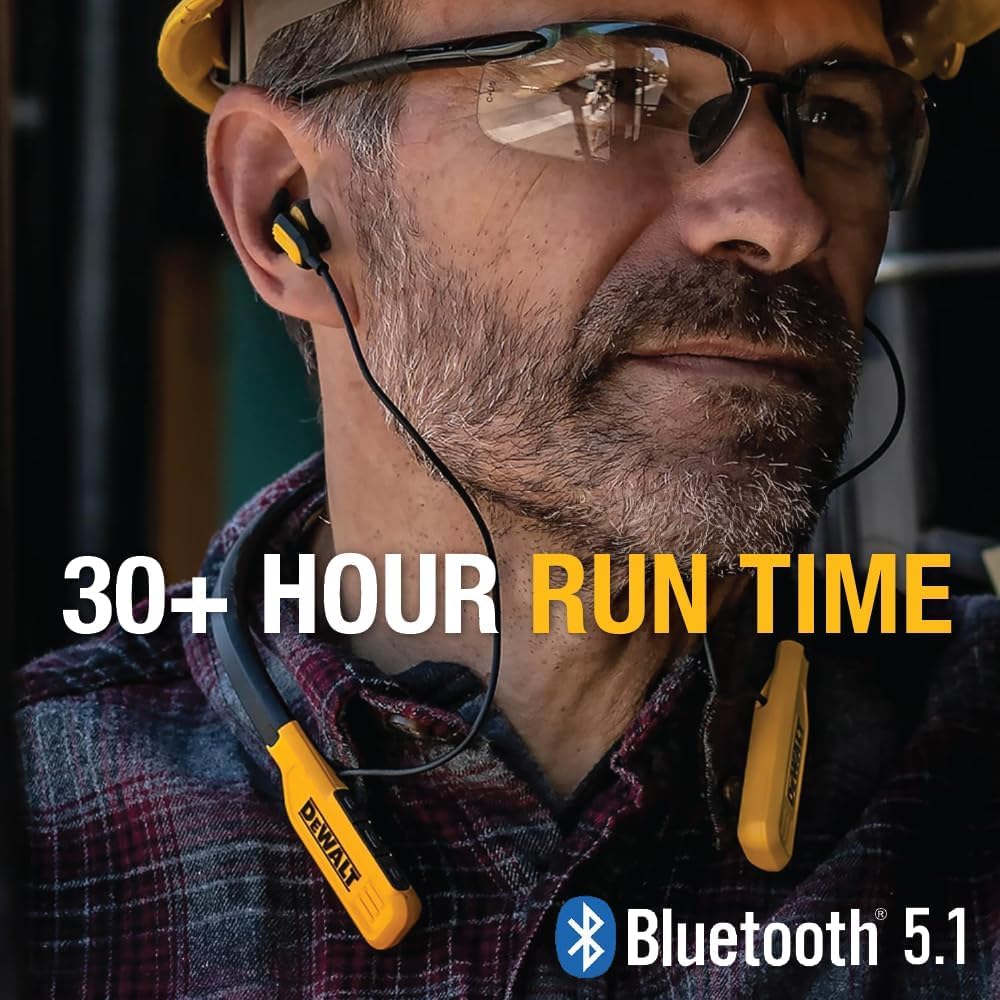DEWALT Bluetooth Neckband Headphones with Mic, 30H Battery & Noise Isolation