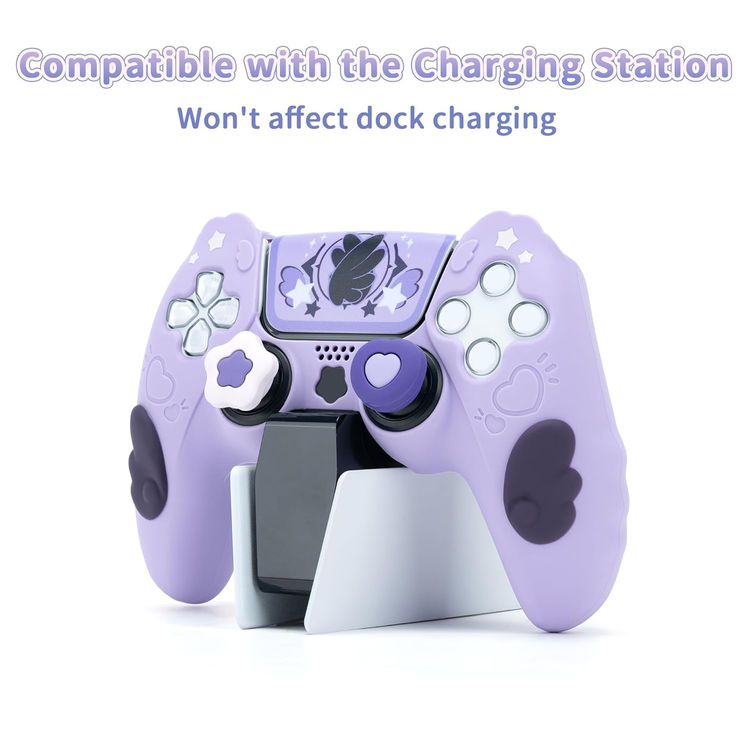 GeekShare PS5 Controller Skin – Silicone Protective Cover with Thumb Grips & Stickers, Star Wings Purple
