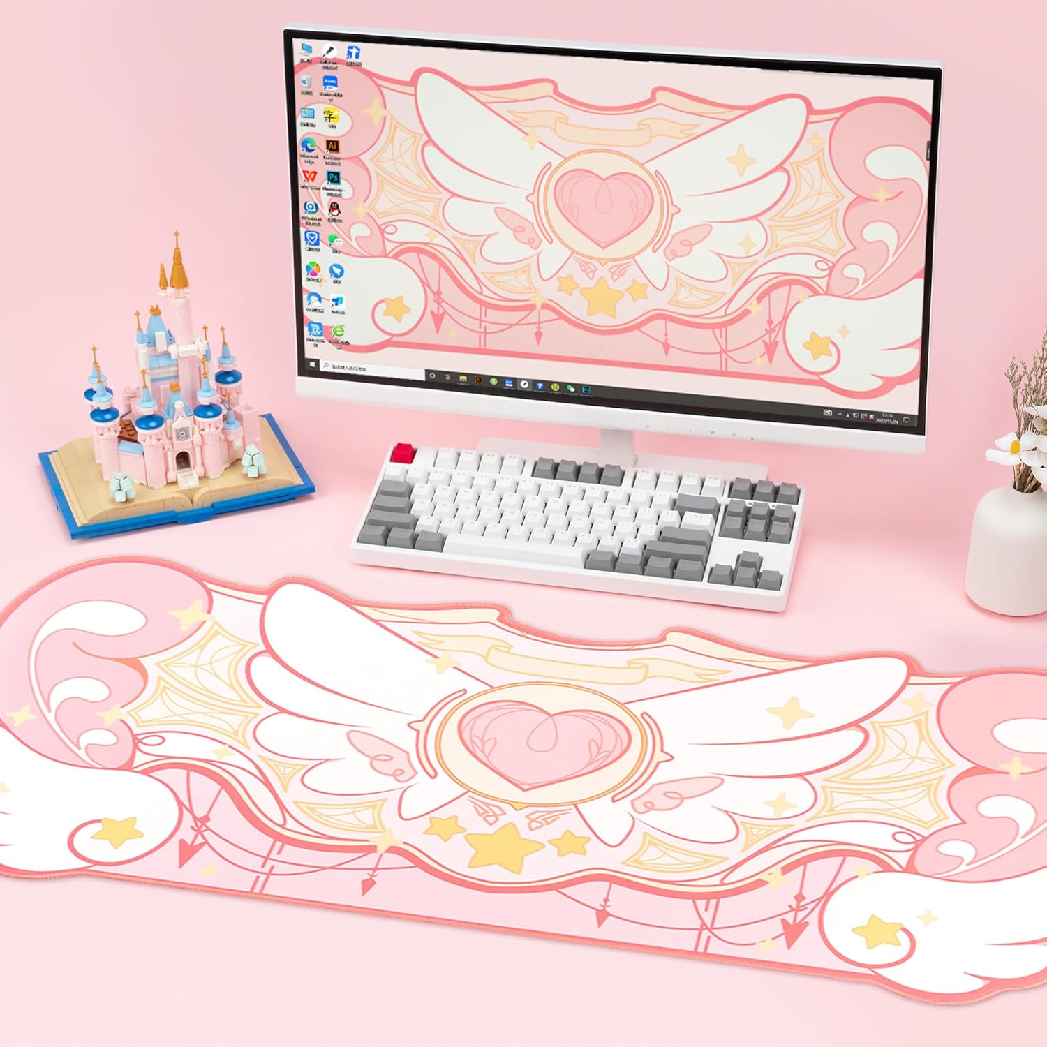 GeekShare Kawaii Large Gaming Mouse Pad – Pink Non-Slip Waterproof Desk Mat, Star Wings